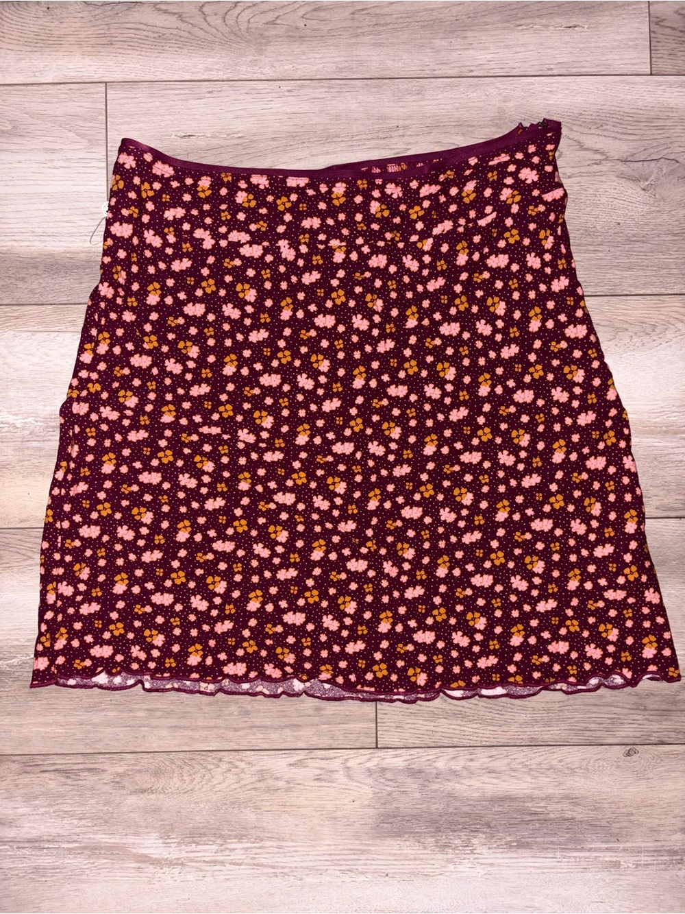 Free People Burgundy Mini Skirt with Pink and Yellow Floral Print
